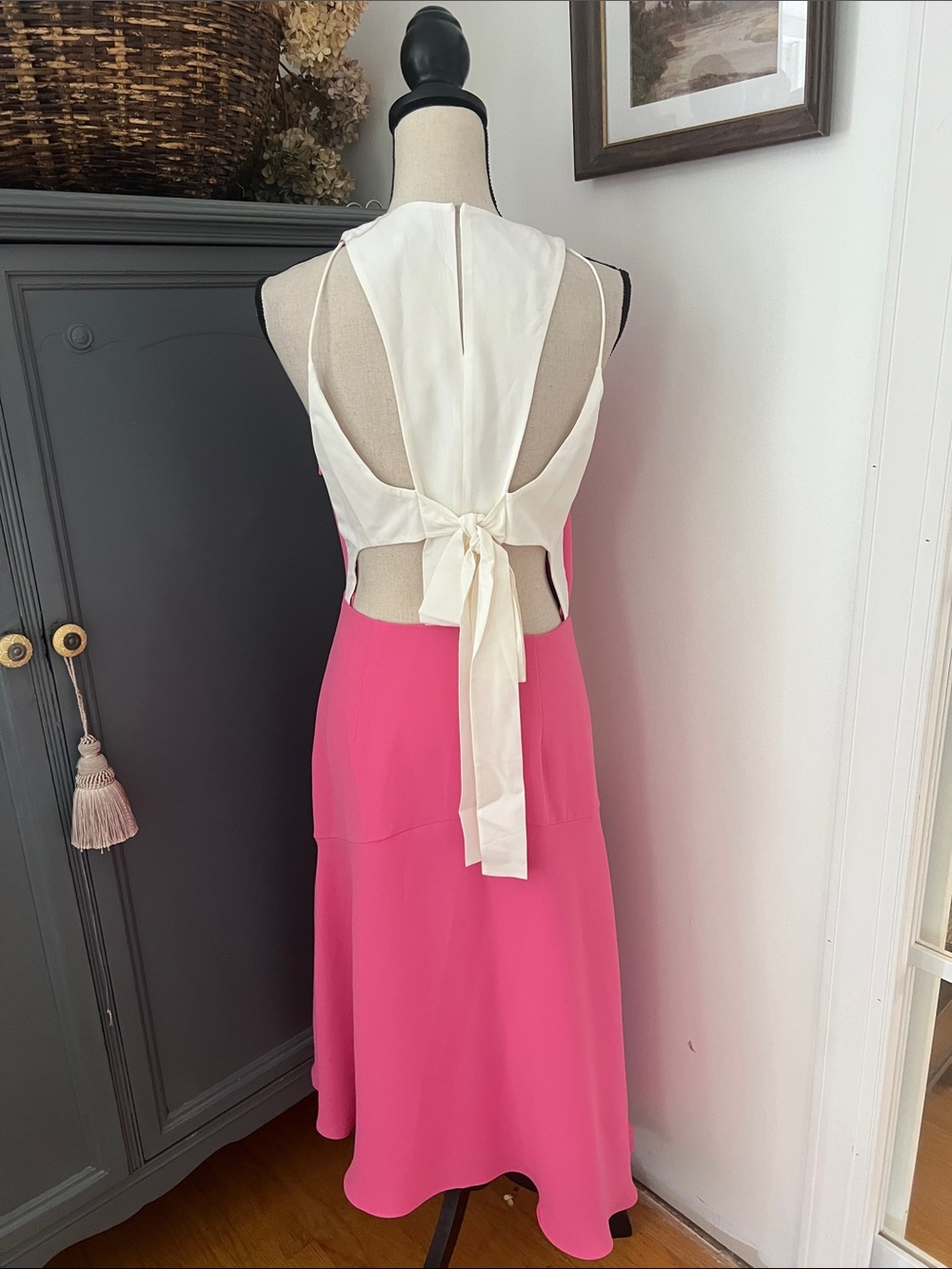 Reiss Pink and White Back-Tie Midi Dress with Front Slit - Picture 7 of 8